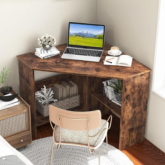 GOFLAME Corner Desk with Storage Shelves, Triangular Computer Desk with Cable Management Holes, Laptop Workstation for Small Space, Makeup Vanity Desk for Living Room, Study, Rustic Brown