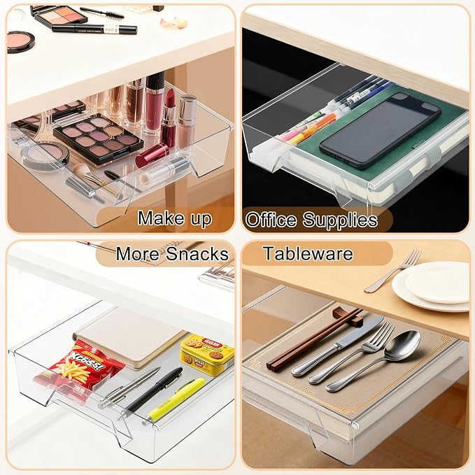 Under Desk Drawer Organizer, Self Adhesive Hidden Drawer Storage, Slide Out Desk Organizer, Space Saving Pencil & Accessories Organizer, Under Table Storage for Home Office & School, Clear