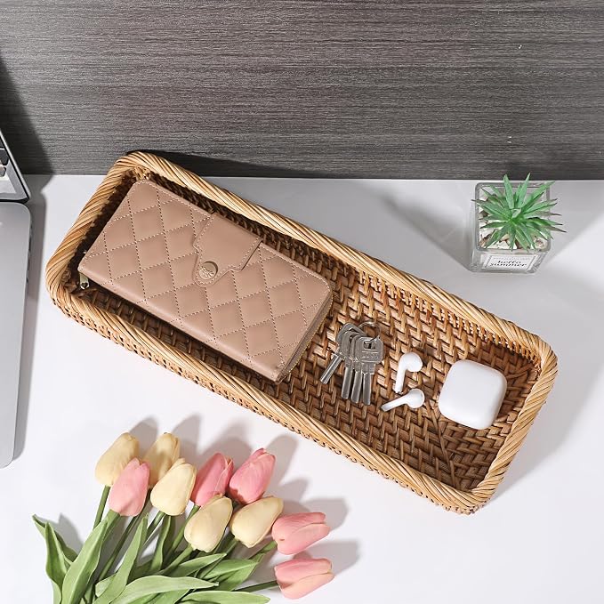 Hipiwe Rattan Basket Tray Handwoven Key Basket Holder for Entryway Long Narrow Bathroom Sink Vanity Tray Toilet Tank Basket Wicker Decorative Trays for Home Decor, 15.8"x 6"x2.2"