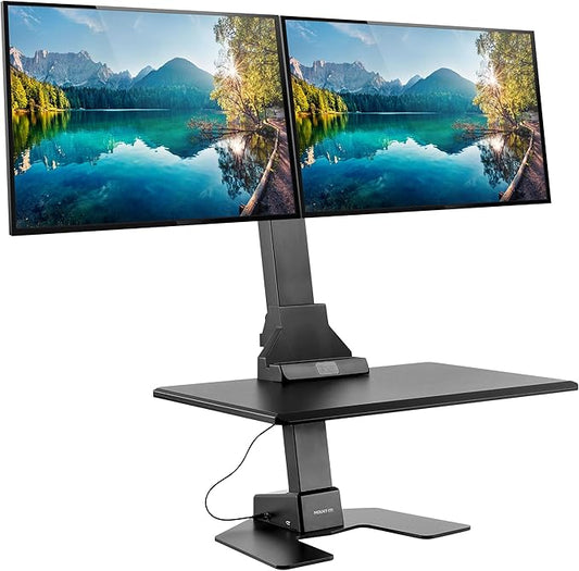 Mount-It! Double Monitor Electric Standing Desk Converter - 2 Screens Stand Up Desk Riser - Height Adjustable Desktop & 2 Mounts for Screens up to 32", Sit-Stand Convertor for Home, Office, School