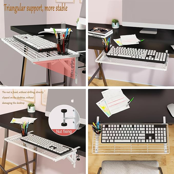 Desk Extender Side Table,Keyboard Tray,Desk Extender,No Drilling Installation，Carbon Steel Baking Paint，Can be Used for Desk Extension，Keyboard Tray Under Desk clamp (Skeletonization), White