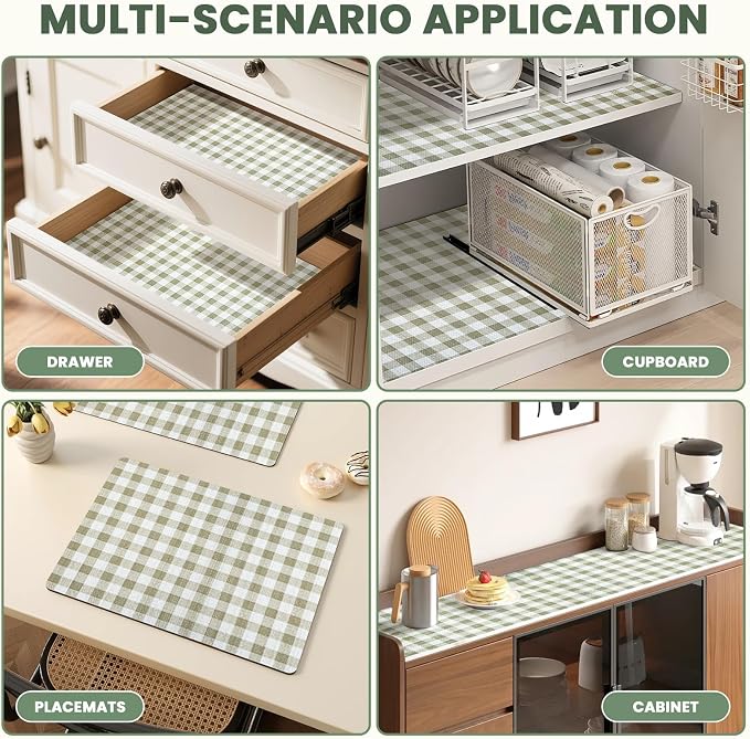 Drawer Liner and Shelf Liner for Kitchen Cabinet Liner Non-Adhesive Non-Slip Shelf Paper, Thick Strong Grip Waterproof Easy to Clean for Shelves, Cupboard, Desks, Green Plaid Pattern, 12 in x 30 FT