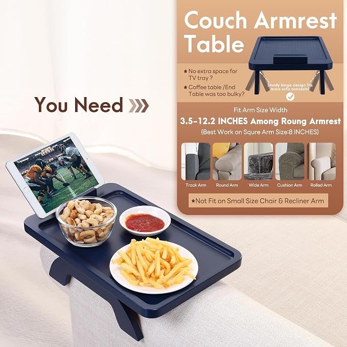 SINWANT Couch Armrest Table, Bamboo Couch Arm Table with 360° Phone Holder,Foldable Sofa Arm Tray for Eating Drinking Snacks Remote on Chair Armrest