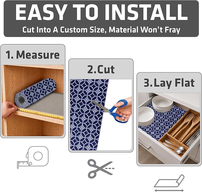 Drymate Premium Luxury Shelf & Drawer Liner, Thick Cushioned Fabric, Non-Adhesive, Absorbent, Waterproof, Slip-Resistant, Liners for Kitchen Cabinets, Cupboards (USA Made)(12”x59”)(24-Pack)(Indigo)
