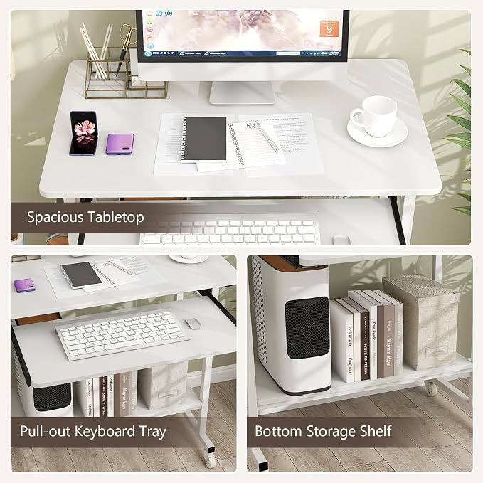 Tangkula Rolling Computer Desk Cart with Keyboard Tray, Mobile Portable Laptop PC Desk with CPU Stand & 3 Hooks for Sofa & Bed, Compact Small Desk on Wheels for Small Spaces (White)