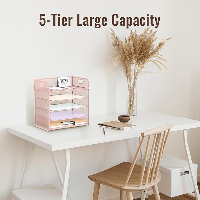 2 Pack 5-Tier Pink Desk Organizer with Handle Mesh Desk File/Paper Organizer Letter Tray for Office, School, Classroom and Home Easy Installation