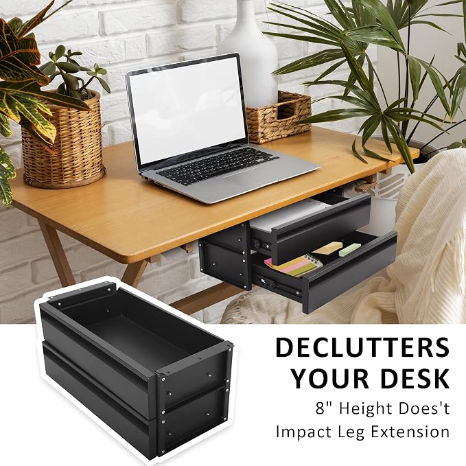 POPMOON 15 in 2-tier Under Desk Drawer,Adjustable Height, Under Desk Drawer Slide Out with Slide Extension Mounted Under Flat Wooden Table, Carbon Steel Hidden Desk Drawer for Office & Home