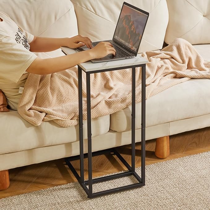 Aibiju Side Table Small End Table C Shaped, Slide Under Laptop Desk for Couch, Living Room Side Table, TV Trays for Eating on Couch, Faux Marble+Black YD-TM051B
