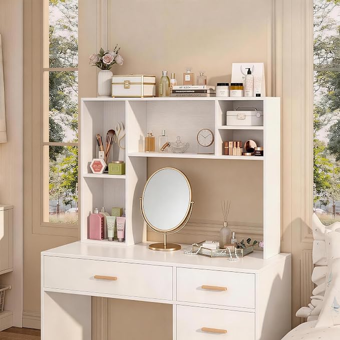 ZIFTY Desk Hutch with 6 Shelves, 37.4" Desktop Bookshelf Organizer for Monitor up to 27", Hutch Top for Computer Desk, Countertop Storage Shelf Wood Display Rack for Office Home Dorm, White