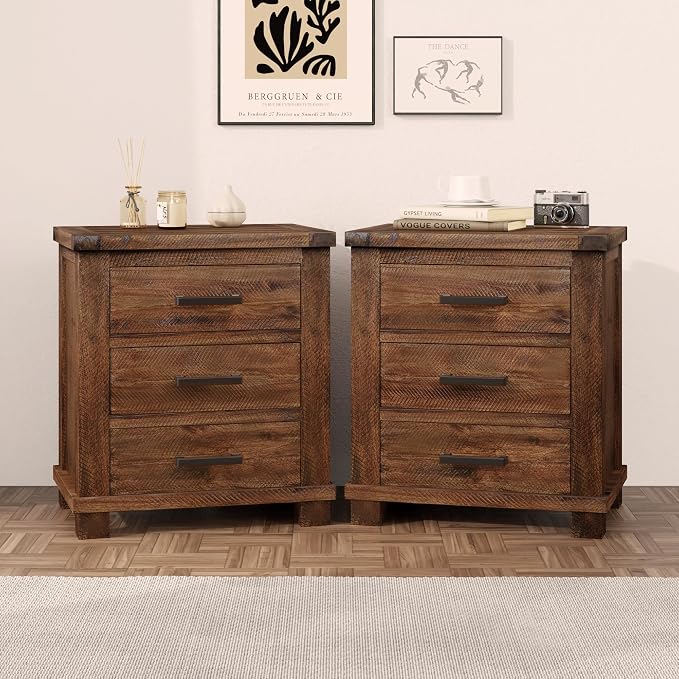 Knocbel Farmhouse Nightstand with 3 Storage Drawers, Reclaimed Pine Wood Bedside Table Night Stand Sofa Side End Table with Antique Metal Handles, Fully Assembled (Natural 2-Piece)