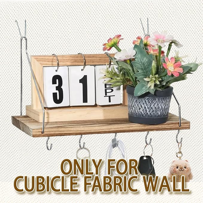 1-Pack Cubicle Shelf For Fabric Walls With Hooks：12x6.0in Wooden Cubicle Shelf Hanging Organizer Silver shelves for Accessories Office Stylish Ations cubical Decorations For Women Desk work storage
