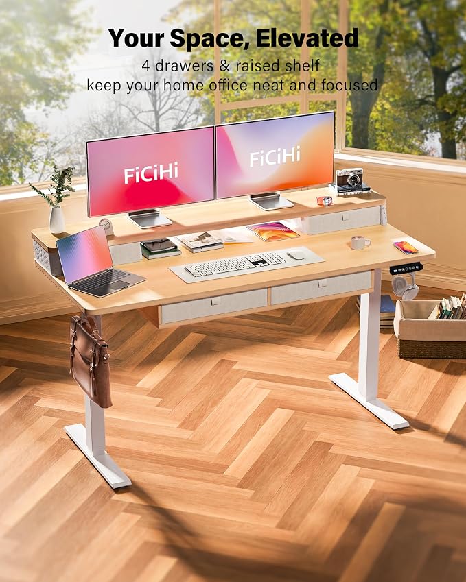 FiCiHi Electric Standing Desk with Four Drawers, 55 x 24 Inch Adjustable Height Sit Stand Desk, C-Clamp Compatible Home Office Desk with Storage Shelf & Monitor Stand Riser, Maple