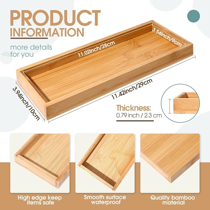 Chengu 3 Pcs Bamboo Vanity Trays for Bathroom Small Wooden Serving Tray for Bathroom Counter Food Appetizer Tea Dessert Kitchen Tissue Toilet Tank Home Decor, 11 x 4 Inch(Rectangle Style)