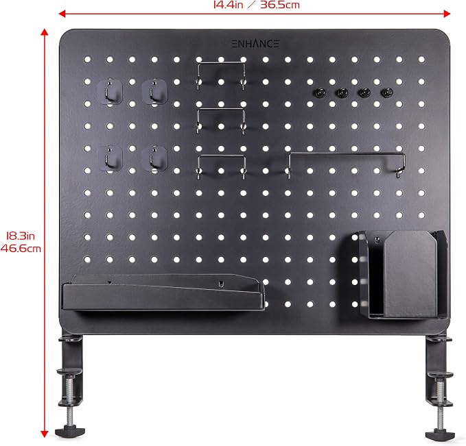 ENHANCE Metal Pegboard Desk Organizer (18 x 14 in) Clamp On Desk Peg Board with 14 Attachments, Pegboard Shelf and Pegboard Hooks, Desktop Organizer for Home Office, Crafts, or Gaming Setups