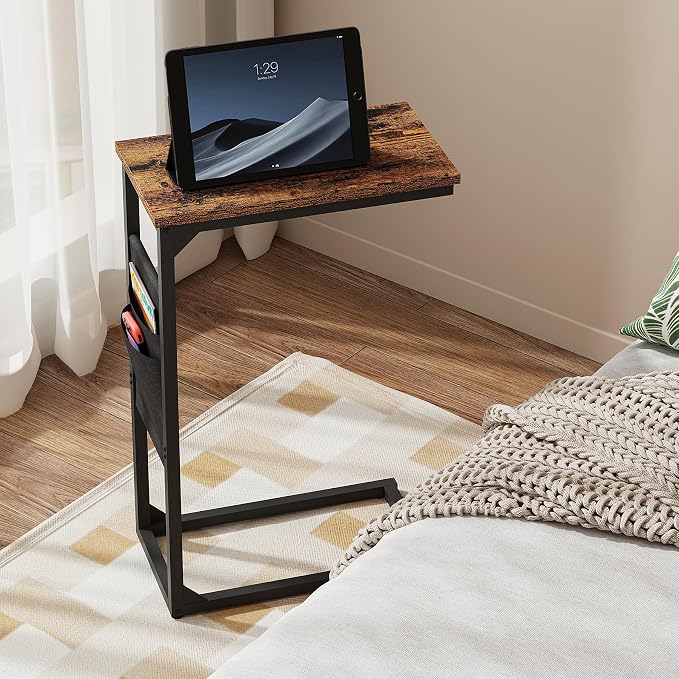 TUTOTAK C Shaped End Table, Side Table for Couch, Sofa Table with Storage Bag, TV Tray for Living Room, Bedroom, Brown TB01BB082