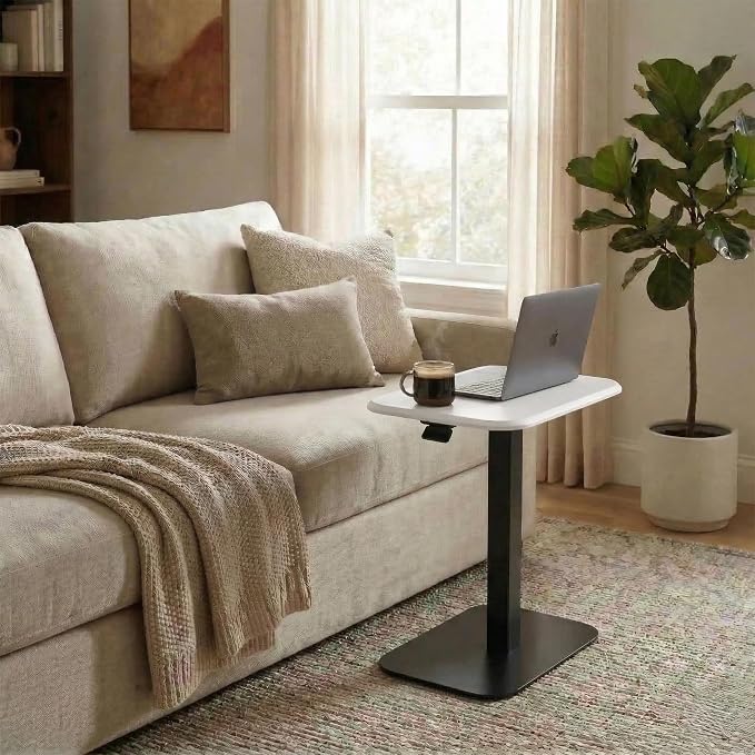 Elevance Height Adjustable Side Table, Black Base, Cloud White Top | Sofa Laptop Table for Couch & Bed | Small C-Shape End Table for Home or Office
