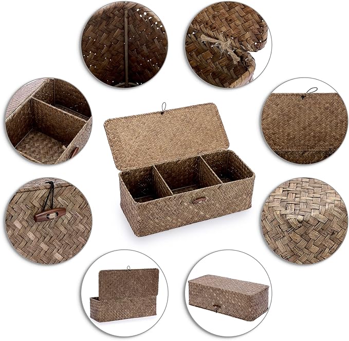 Sumnacon Seagrass Storage Basket with Lid Wicker Storage Baskets with Sections,Small Woven Shelf Basket for Toiletries Tampon, Seagrass Basket for Shelf Bathroom Toilet Table Counter,Coffee