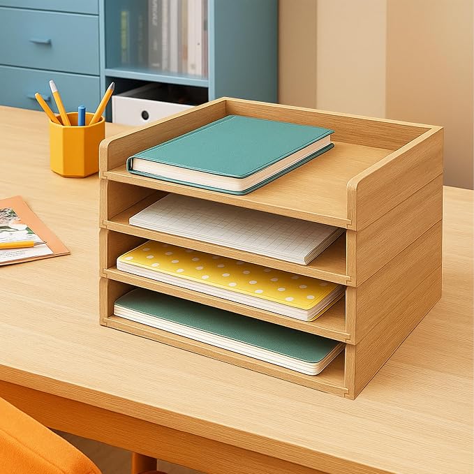PROLEE Wooden Paper Tray Organizer for Desk, Stackable Paper Holder and Letter Tray, 4-Tier Desktop File Storage Rack for Study,Home and Office (Oak, 14" x 9.5" x 2.5")