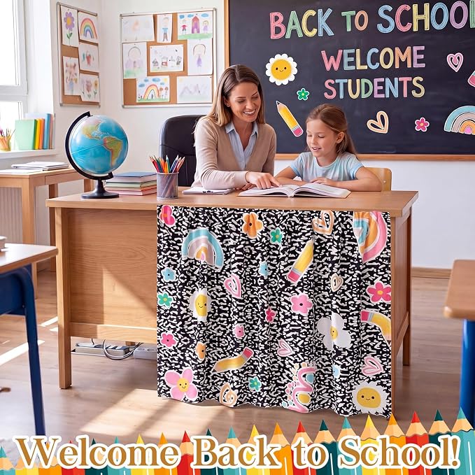 VitalCozy Composition Notebook Table Skirt for Classroom Teacher 35" W x 35" L Desk Curtain Skirts Teacher Appreciation Week Back to School Gifts for Kindergarten Classroom Office Bookcase Decoration
