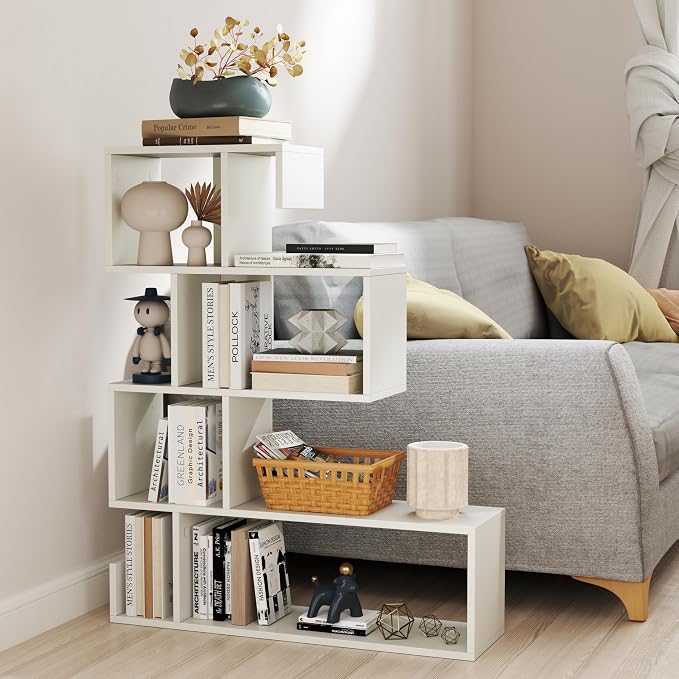 5 Tier Geometric Bookshelf, S-Shaped Z Shelf Bookshelves and Bookcases, Modern Decorative Storage Shelving, Wooden Display Bookcase for Living Room Home Office (White)