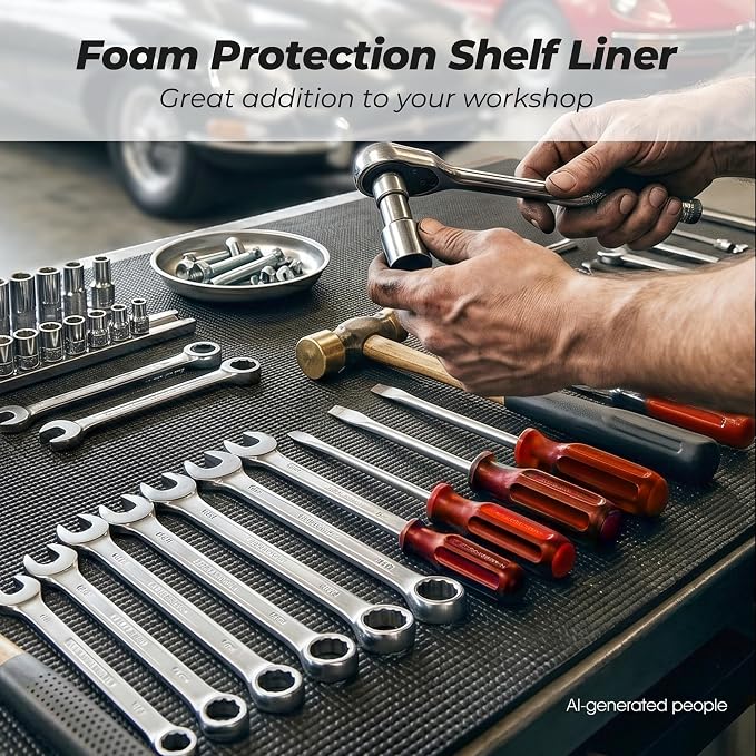 PABUSIOR Tool Box Drawer Liners: 24" Wide 5MM Thick Large Toolbox Shelf Liner for Under Sink - Non Slip Heavy Duty Foam Cabinet Shelves Mat 24" W x 98" L Black