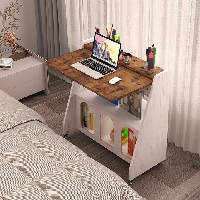 Pmnianhua Farmhouse Portable Desk on Wheels,Mobile Workstation,Rolling Computer Desk with Wheels and Storage for Home Office Small Space(Rustic Brown)
