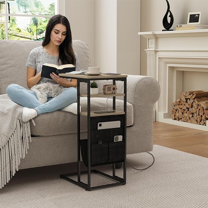 C Shaped End Table with Charging Station, 28"(H) 3-Tier C Table with Storage Bag, Under Couch Table C-Shaped End Table with Storage Shelves and Bag for Living Room, Bedroom, or Office