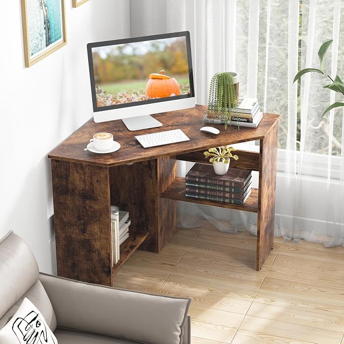LDAILY Moccha Corner Desk, Space-Saving Triangle Computer Desk with Storage Shelves and Cable Holes, Multi-Functional Makeup Vanity Table for Bedroom, Writing Desk for Small Spaces Office Bedroom