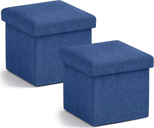 Ornavo Home Small Storage Ottoman, Set of 2 Foldable Collapsible Cube Square Linen Ottoman Foot Rest Stool Seat, for Living Room, Bedroom, Home Office, Dorm - 12 x 12 x 12, Navy Blue