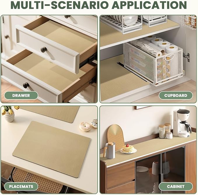Drawer Liner and Shelf Liner for Kitchen Cabinet Liner Non-Adhesive Non-Slip Shelf Paper, Thick Strong Grip Waterproof Easy to Clean for Shelves, Cupboard, Desks, Khaki, 12 in x 20 FT