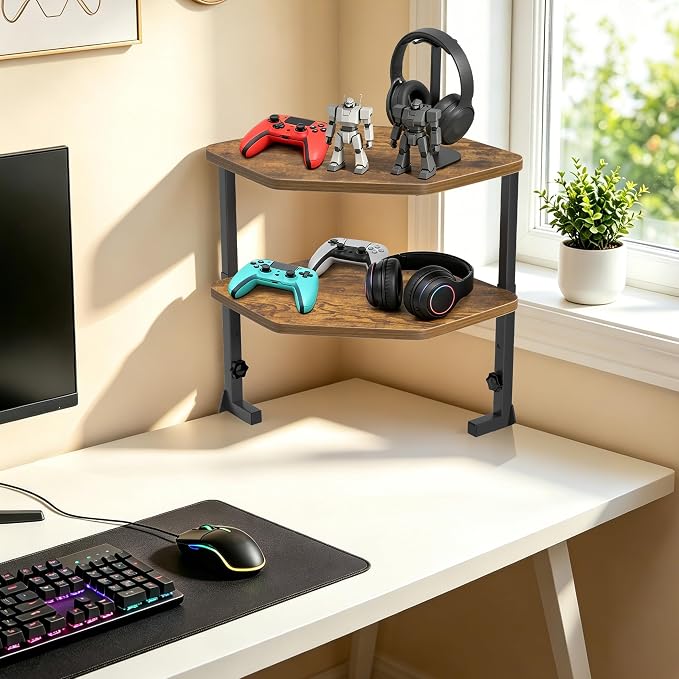 Corner Clamp-on Shelving Above or Below Desk 2 Tier 16 inch Organizer for Table Accessories, Gaming Devices and More