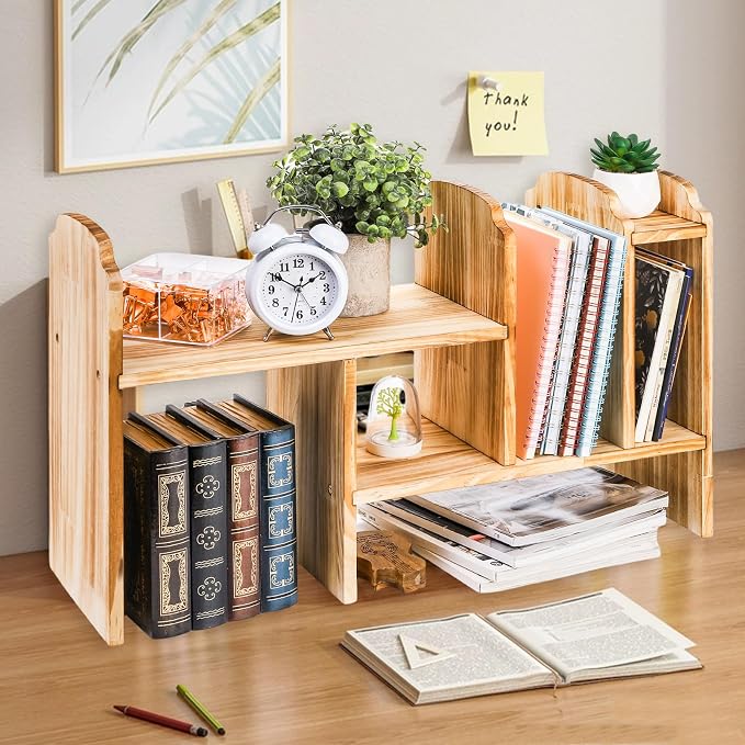 WRINGKIT Adjustable Desktop Storage, Wood Display Bookshelf with 7 Compartments, Expandable Desk Shelf Hutch, Office Storage Rack for Desk Table Storage and Organization