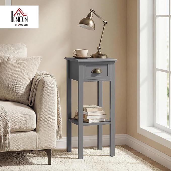 HOMCOM Narrow End Table with Drawer and Bottom Shelf, Slim Side Table for Small Spaces, Skinny Modern Accent Desk for Living Room, Set of 1, Gray