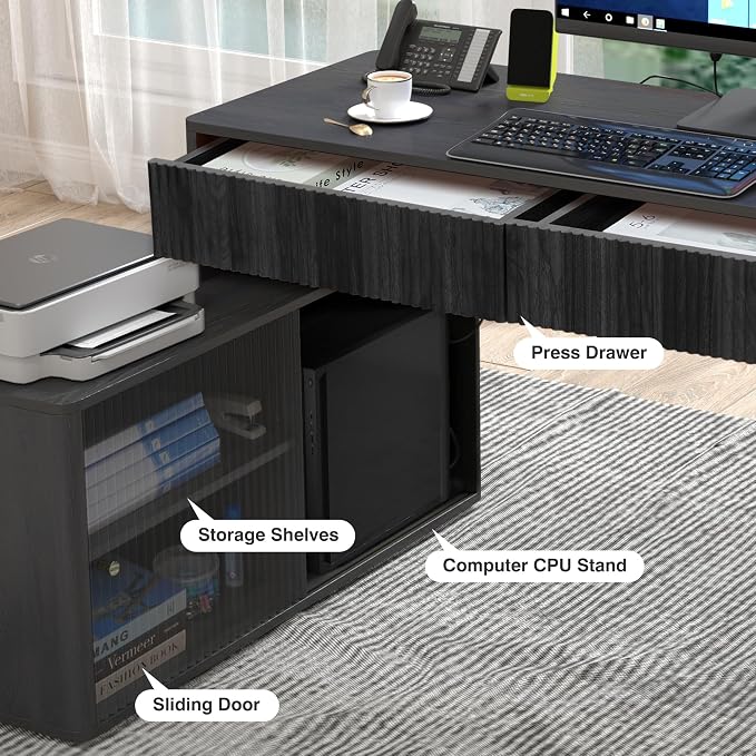 Modern Computer PC Desk Table with Storage, Corner L Shaped Desk with Drawers, Home Office Desk for Bedroom and Small Space, for Writing, Executive, Study, Work, Vanity - Black
