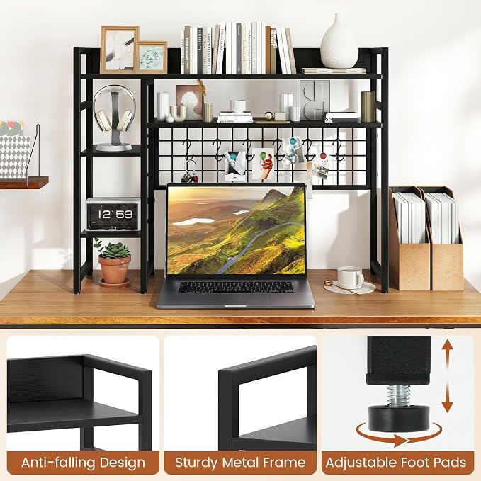 Giantex Desktop Bookshelf, 37" Desk Shelf for Up to 32" Computer Monitors, 4 Tier Desktop Display Shelves with Grid Panel, 6 Movable Hooks, Anti-tip Device, Desk Hutch for Home Office Dorm (Black)
