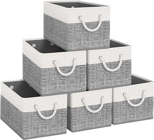 Fab totes Storage Bins 6-Pack, Foldable Storage Baskets for Organizing Toys, Books, Shelves, Closet, Large Storage Box with Rope Handles, Sturdy Organizer Bins, White & Grey