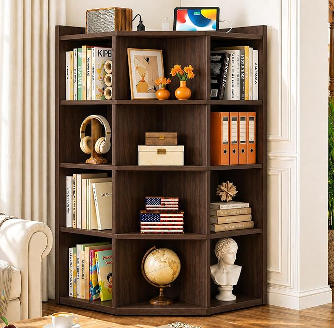 Aheaplus 5-Tier Corner Cube Bookshelf with Power Outlets, Wooden Corner Storage Cabinet with 12 Cubes, Corner Cube Organizer Shelf with Top Table, L Shaped Cubby Bookcase for Home Office, Black Walnut