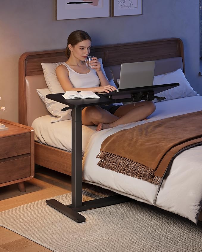 SANODESK Small Rolling Overbed Table Adjustable Height with Wheels, Mobile Laptop Desk with Tilting Desktop, Portable Computer Workstation for Home Office, Classroom, Bedside, Black