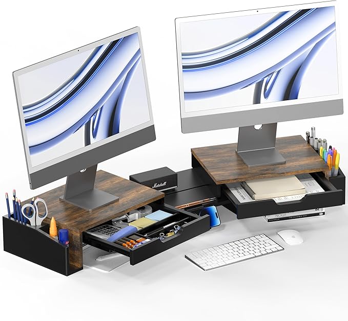 Simple Houseware Desk Dual Monitor Stand Riser with Pull-Out Drawers, Rustic Brown