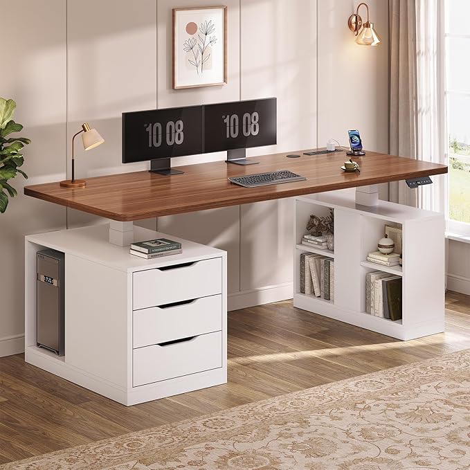 SEDETA Modern Electric Standing Desk, 63" Height Adjustable Computer Desk with 3 Drawers, Storage Shelves, Power Outlets, Wood Home Office Stand up Desk for Work, Study, Writing, White + Brown