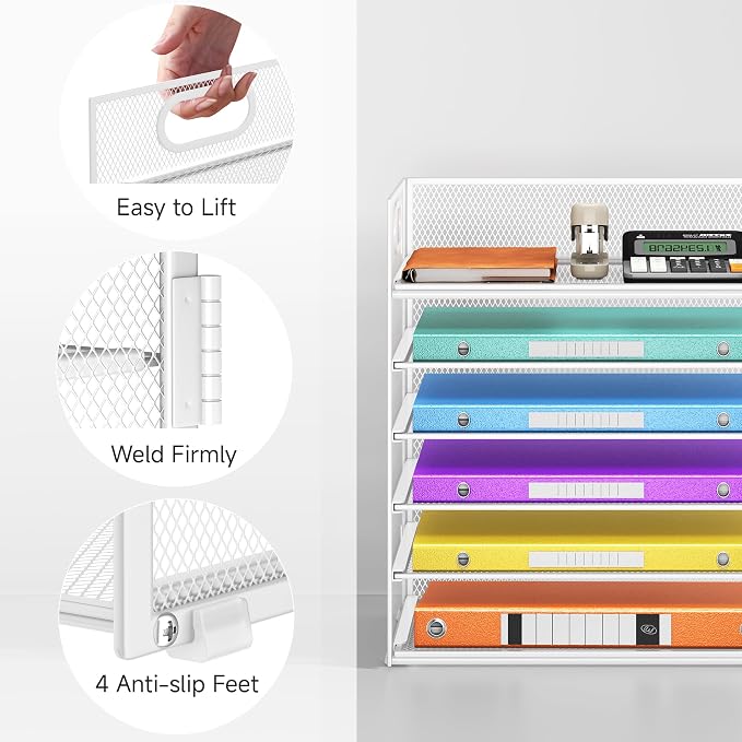 6 Tray Paper Organizer Letter Tray with Handle - Mesh Desk File Organizer, Paper Sorter Organizer for Office, Home or School File Folder Holder - White
