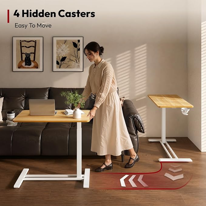 SANODESK Medical Adjustable Overbed Bedside Table with Hidden Casters, Pneumatic Mobile Laptop Computer Standing Desk Cart with Tray, Hospital and Home Use(31.5" W x 17.7" D, Maple)