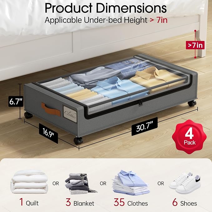 Yecaye 4 Pack Under Bed Storage with Wheels, Under Bed Storage Containers with Lids, Large Under Bed Rolling Storage with Clear Window & Label, Rolling Drawers for Clothes, Blankets, Books