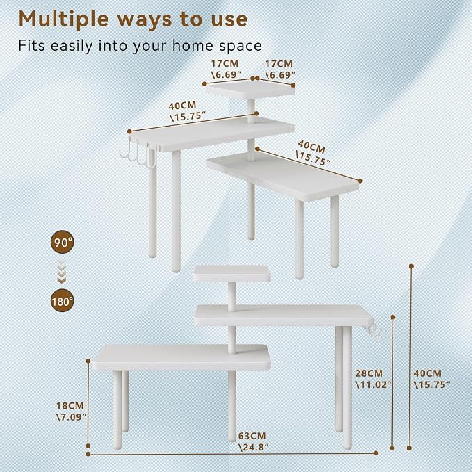 IBUYKE Countertop Organizer,3-Tier Spice Racks,Kitchen Counter Corner Shelf,4 Side Hooks,Adjustable Countertop Shelf for Kitchen, Bathroom, Coffee Bar, Cabinet, Desk,White,TLJ023W