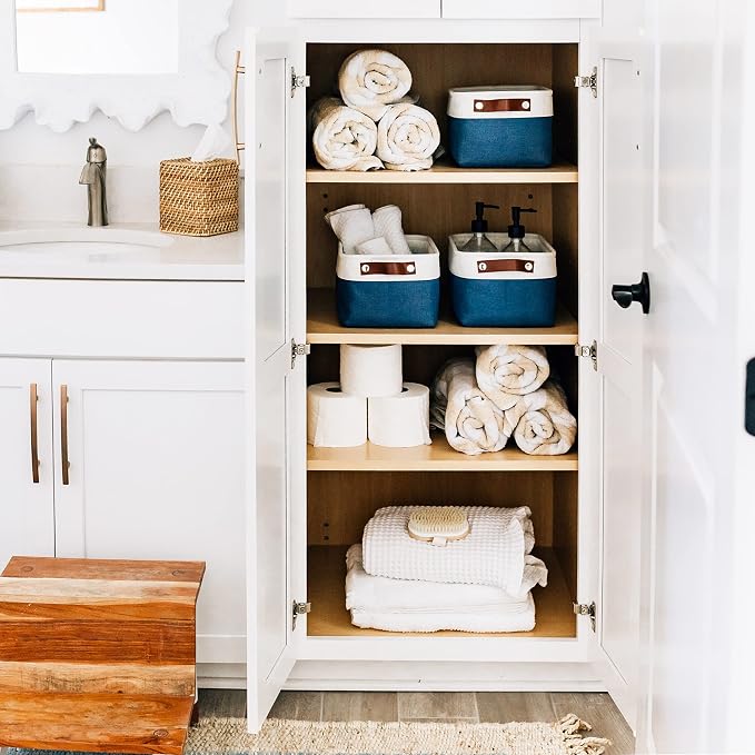 OrganiHaus 12x8in Canvas Storage Baskets 3 Pack | SMALL Fabric Bins for Shelves | Pantry & Bathroom Organizer | Navy Blue/Off-White