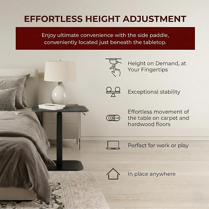 Elevance Height Adjustable Side Table, Black Base, Carbon Black Top | Sofa Laptop Table for Couch & Bed | Small C-Shape End Table for Home or Office