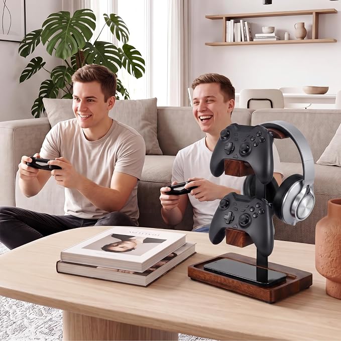 Headphone Stand with Controller Holder, Gaming Headset Stand for Desk, Walnut Headphone Holder Desk Organizer Gaming Accessories Gift for Gamers(Deep Walnut)