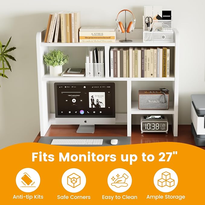 Desk Shelf, Desktop Hutch with 6 Storage Areas, Desktop Organizer Shelf with 27" Large Monitor Compartment, Multipurpose Wood Desktop Display Rack for Computer Desk, Dorm, Office, Home (White)