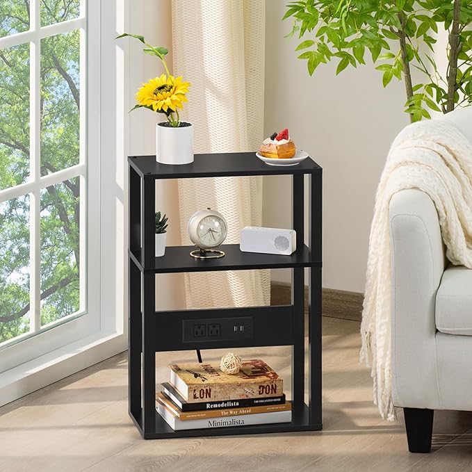 YUFAM 3-Tier Small Narrow Wood Side Table Set of 2 with Charging Station - Skinny Nightstand for Small Spaces, Slim Bedside Table with USB Ports and Outlets - Thin End Table with Storage, Black