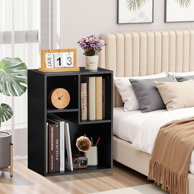 VECELO 15.7" Open Bookshelf, Waterproof Particle Board Asymmetrical Split Cubby Storage Organizer, Black Uneven Compartment Display Cube for Tall Books, Bedroom Dorm Office